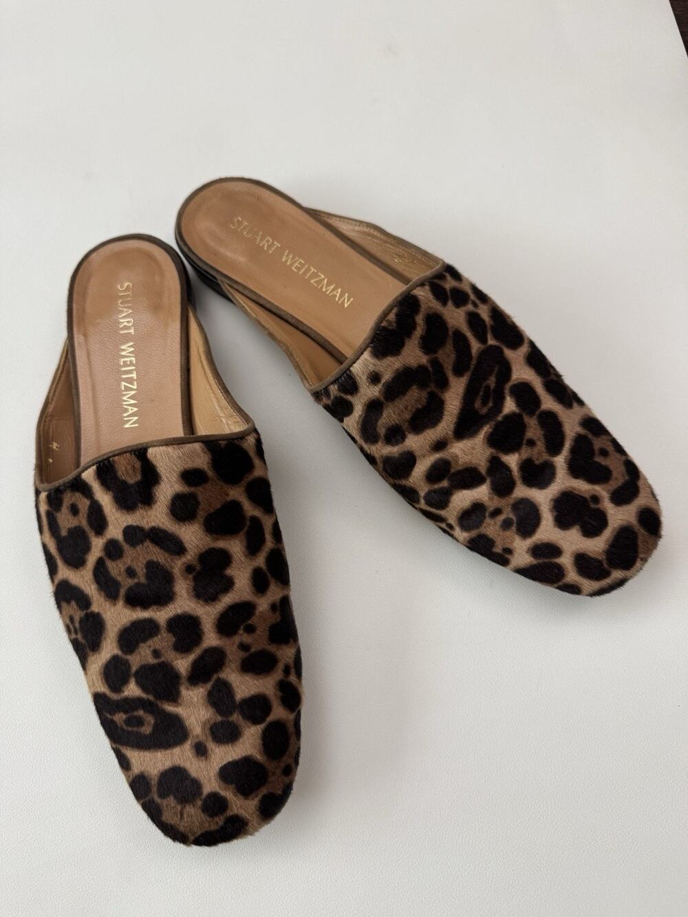 Stuart Weitzman Leopard Print Calf Hair Mules Women’s 9.5 Slip On Maximalist